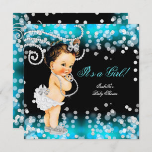 Invitation Parties scintillant Turquoise Bleu Noir Fille Baby