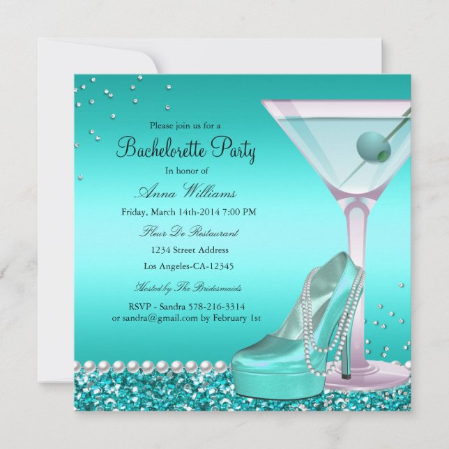 Invitation Parties scintillant Turquoise bleue Pearl Bachelor (Devant)