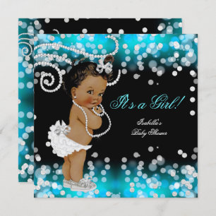 Invitation Parties scintillant Turquoise Blue Black Girl Baby