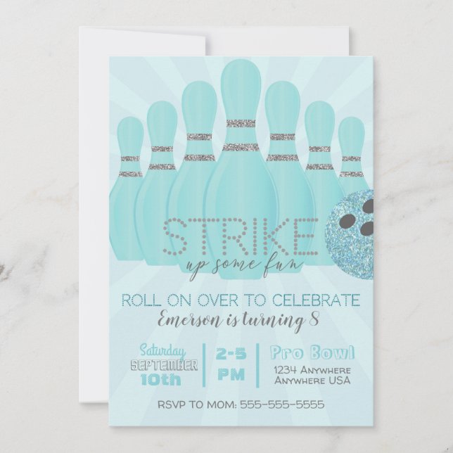 Invitation Parties scintillant Turquoise Bowling Birthday Par (Devant)