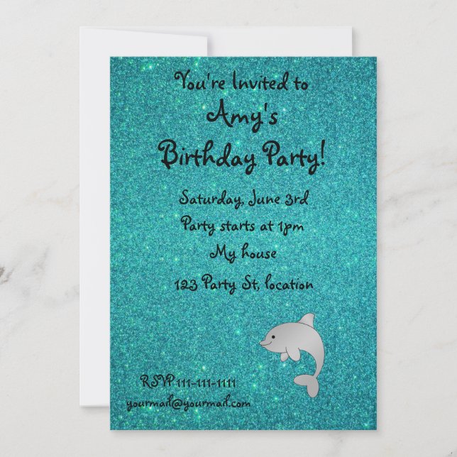 Invitation parties scintillant turquoise de dauphin de nom pe (Devant)