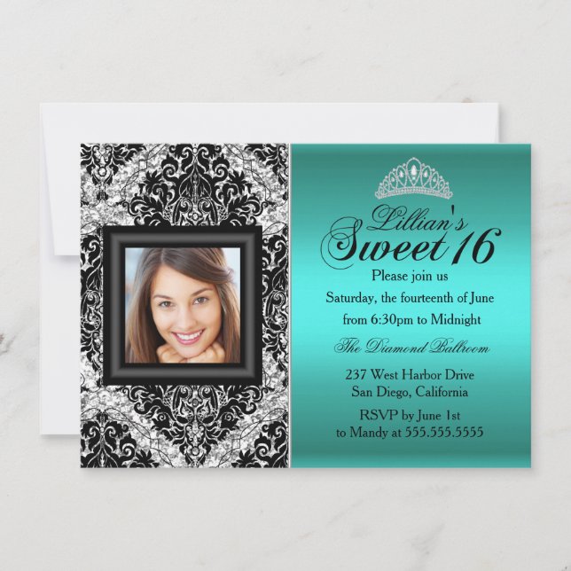 Invitation Parties scintillant turquoise en argent Damask Pho (Devant)