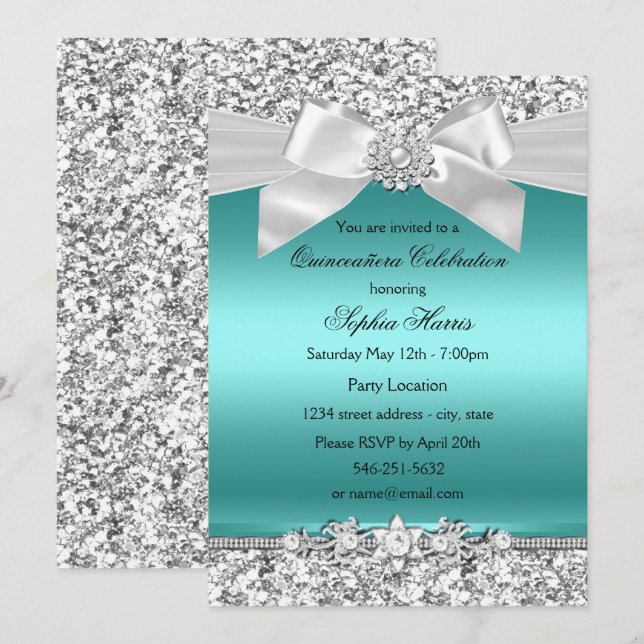 Invitation Parties scintillant Turquoise en argent et bijoux  (Devant / Derrière)