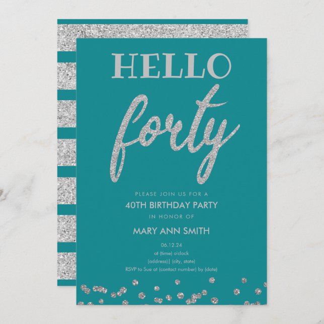 Invitation Parties scintillant Turquoise en argent "Hello Qua (Devant / Derrière)