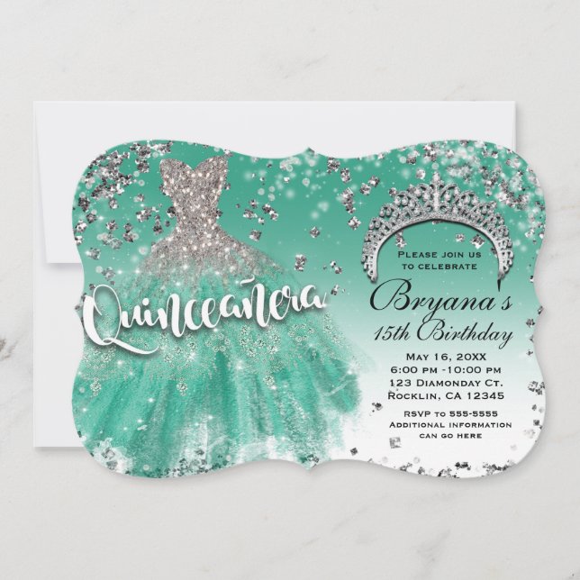 Invitation Parties scintillant turquoise en argent Robe glamo (Devant)