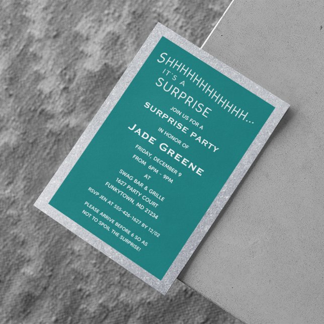 Invitation Parties scintillant turquoise et Argent Fête Surpr (Créateur téléchargé)