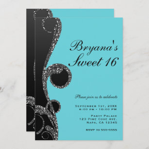 Invitation Parties scintillant turquoise et noire en argent S