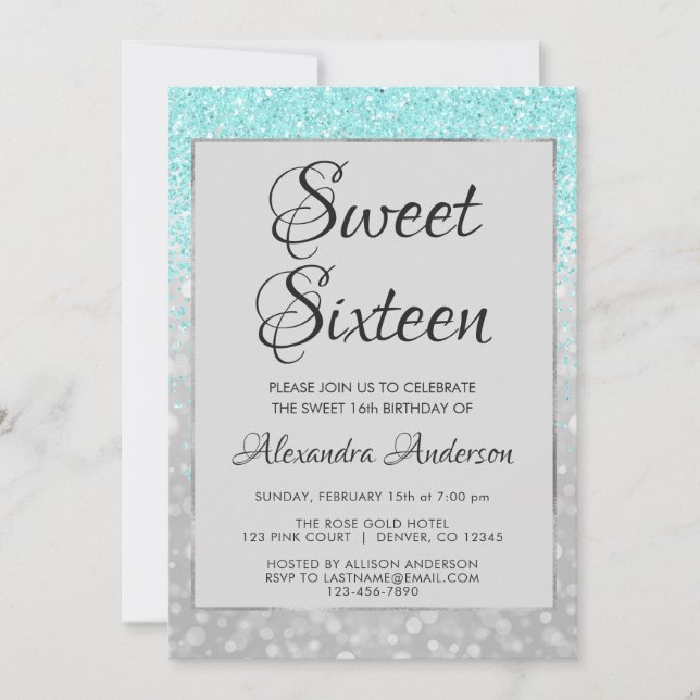 Invitation Parties scintillant turquoise et Silver Sweet 16 A (Devant)