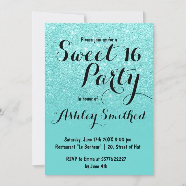 Invitation Parties scintillant turquoise fillette moderne omb (Devant)