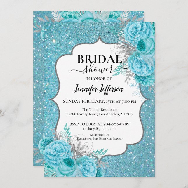 Invitation Parties scintillant Turquoise Floral Bridal Showwe (Devant / Derrière)