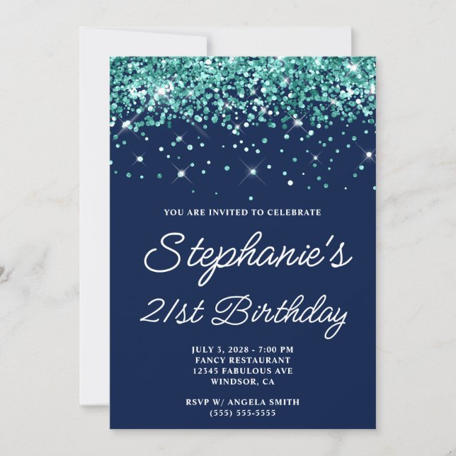 Invitation Parties scintillant Turquoise foncée Minuit Bleu 2 (Devant)