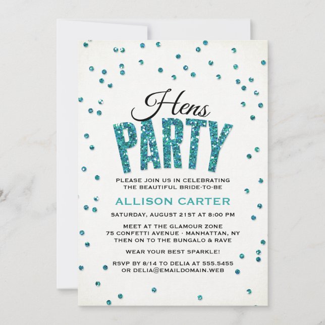 Invitation Parties scintillant turquoise Look Confetti Hens P (Devant)