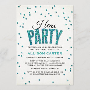 Invitation Parties scintillant turquoise Look Confetti Hens P