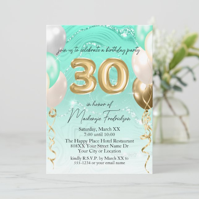 Invitation Parties scintillant turquoise Marbre & Ballons d'o (Debout devant)