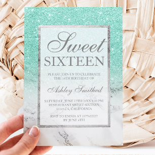Invitation Parties scintillant turquoise marbre élégant chic