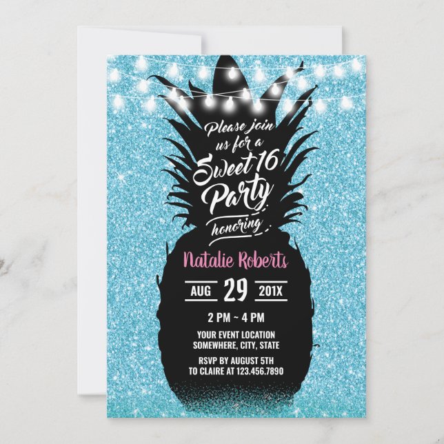 Invitation Parties scintillant Turquoise moderne ananas doux  (Devant)