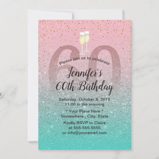 Invitation Parties scintillant Turquoise moderne rose argent  (Devant)
