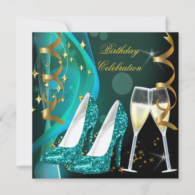 Invitation Parties scintillant Turquoise or Chaussures Champa (Devant)