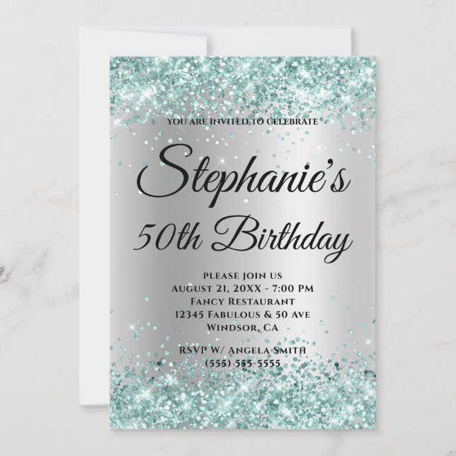 Invitation Parties scintillant turquoise Pale Silver Gradient (Devant)