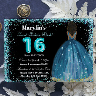 Invitation Parties scintillant Turquoise Princess Sweet 16 Fo