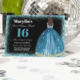 Invitation Parties scintillant Turquoise Princesse Sweet 16 B