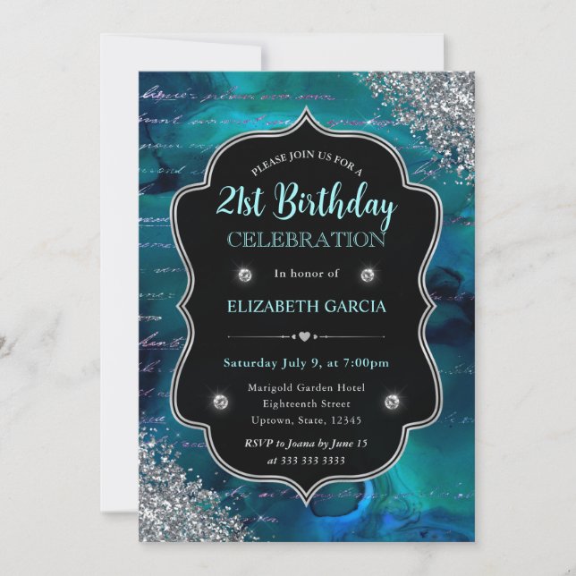 Invitation Parties scintillant Turquoise profonde Lettres de  (Devant)