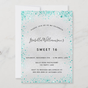Invitation Parties scintillant turquoise Sweet 16 argent