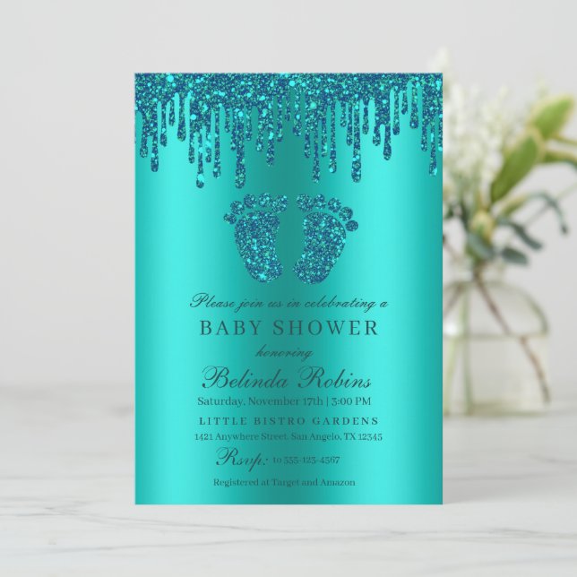 Invitation Parties scintillant  Turquoise vert bébé pieds Bab (Debout devant)