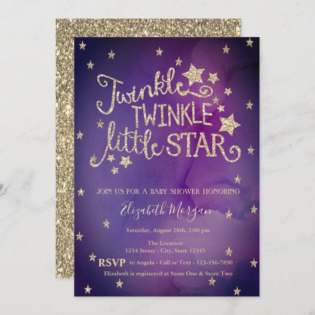 Invitation Parties scintillant Twinkle Little Star Violet Bab (Devant / Derrière)