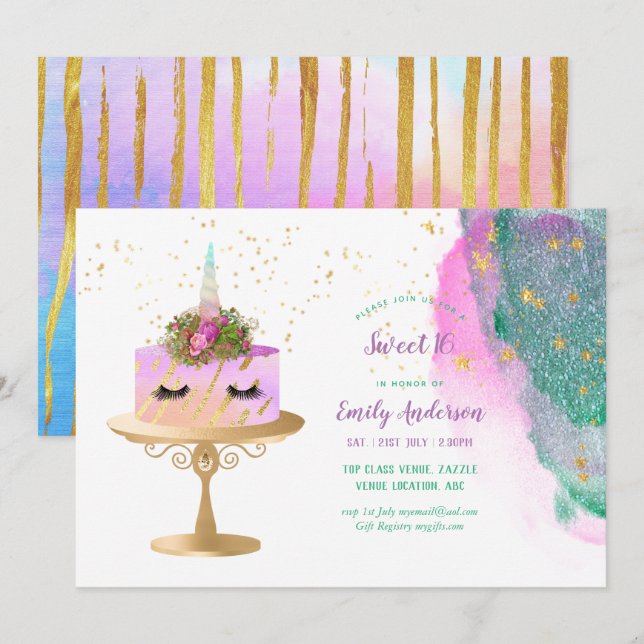 Invitation Parties scintillant Unicorn Rose Gold Sweet 16 Fil (Devant / Derrière)