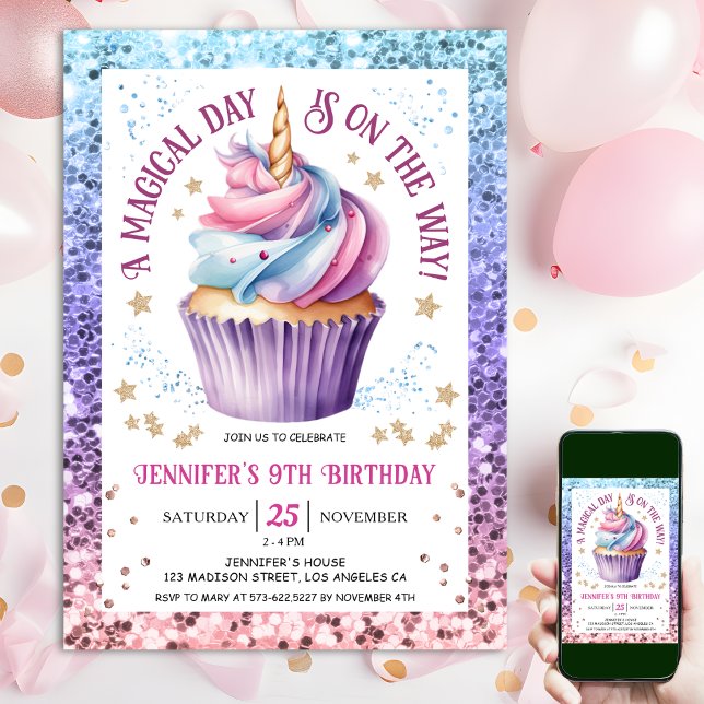 Invitation Parties scintillant Unicorne Rainbow Cupcake | 9e  (#UnicornBirthdayInvitation #UnicornBirthdayInvitationTemplate #UnicornBirthdayInvitationEditable 
)