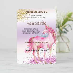 Invitation Parties scintillant Unicorne Rose or Anniversaire