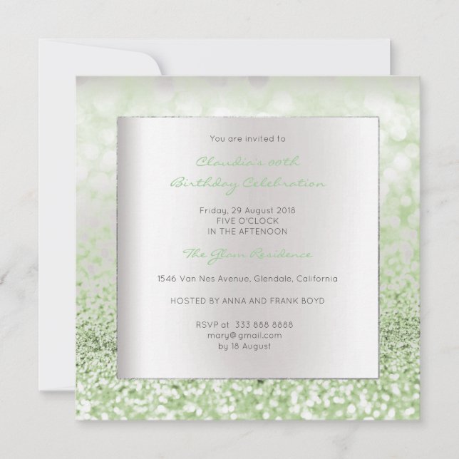 Invitation Parties scintillant verte à la menthe gris argent (Devant)