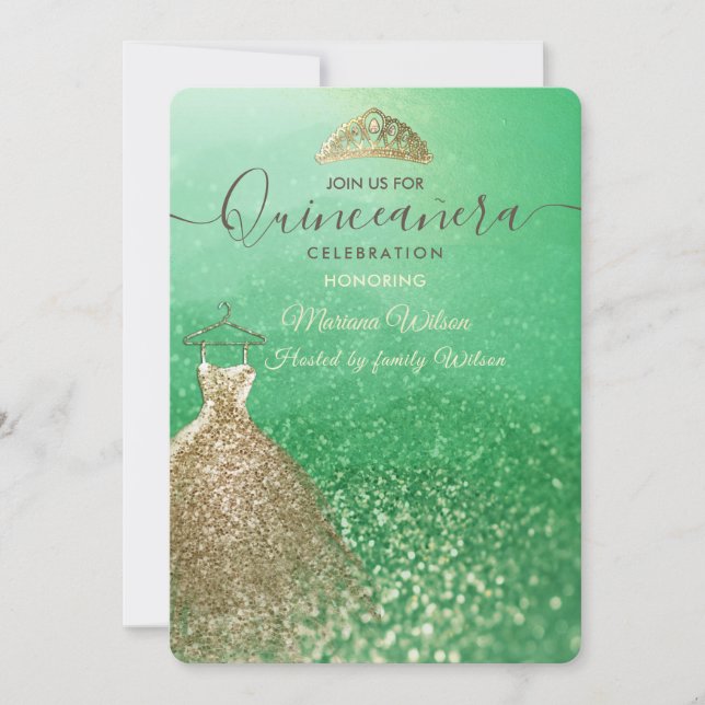 Invitation Parties scintillant verte chic Robe or tiara Quinc (Devant)