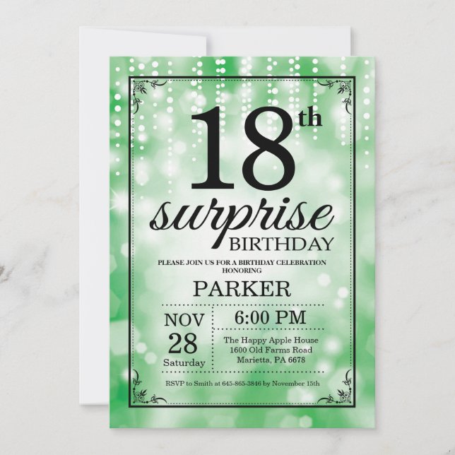 Invitation Parties scintillant verte de la surprise 18e anniv (Devant)