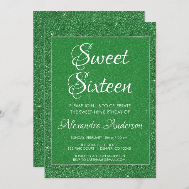 Invitation Parties scintillant verte et étincelle douce 16 fê (Devant / Derrière)