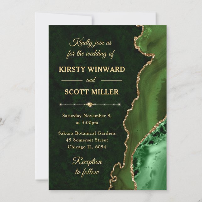 Invitation Parties scintillant verte et or Agate et Mariage e (Devant)