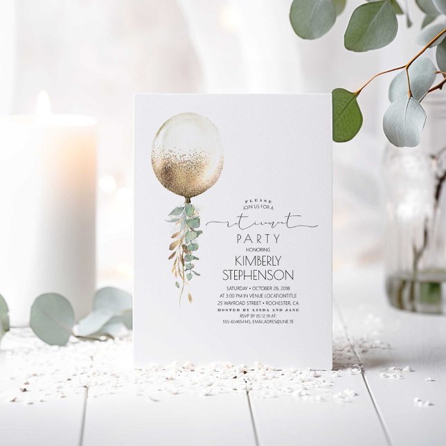 Invitation Parties scintillant verte et or Ballons de retrait (Gold Balloon and Greenery Minimalist Retirement Party Invitations)