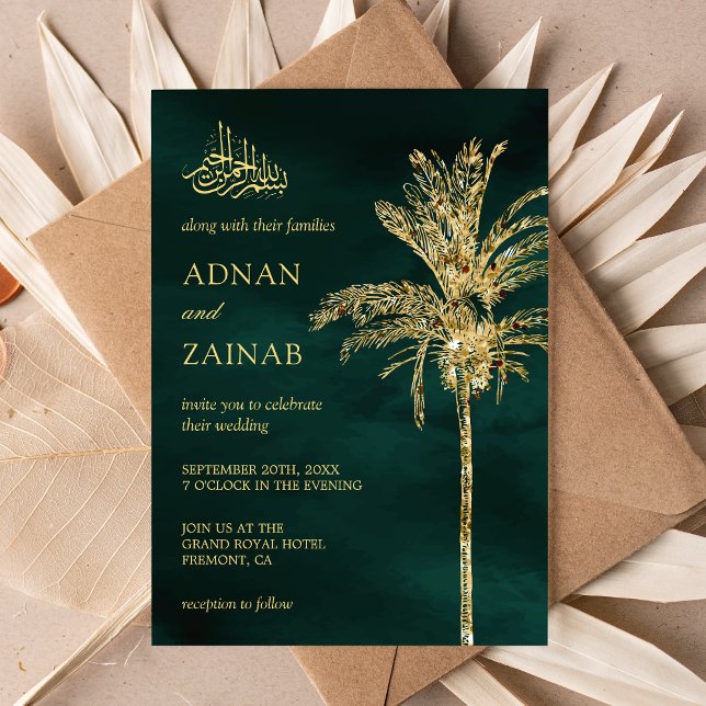 Invitation Parties scintillant verte et or Date Palm Mariage  (Créateur téléchargé)