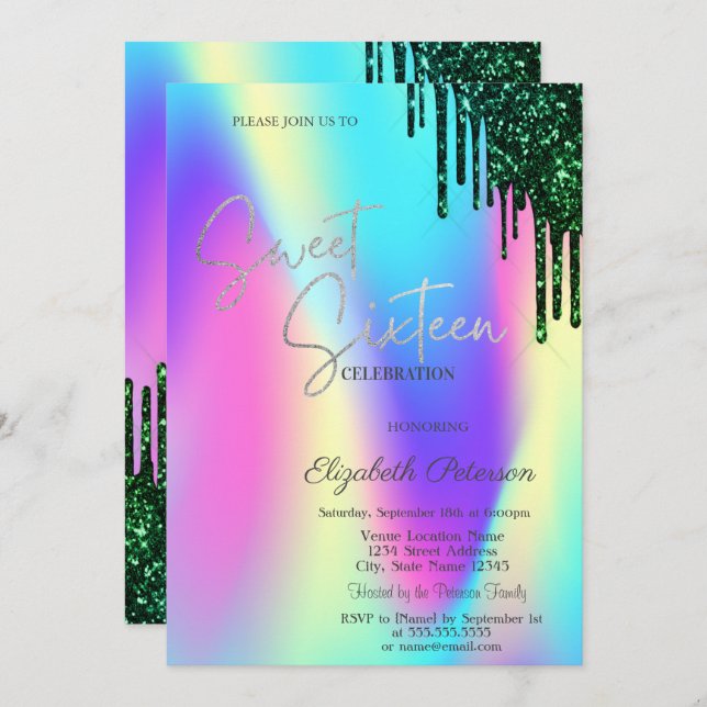 Invitation Parties scintillant verte gouttes holographique su (Devant / Derrière)