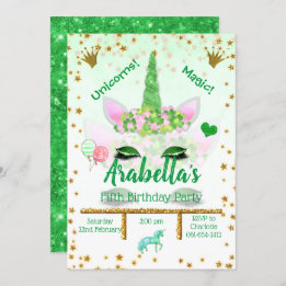 Invitation Parties scintillant verte personnalisée Unicorn An