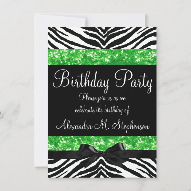 Invitation Parties scintillant verte Zebra Bow Custom Girl An (Devant)