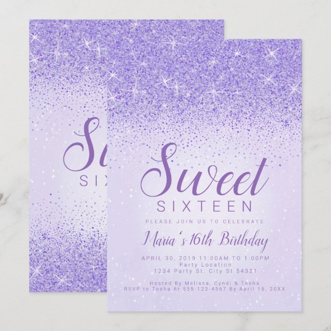 Invitation Parties scintillant violet clair, Sweet 16 Invitat (Devant / Derrière)