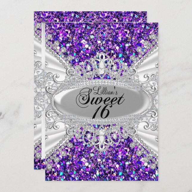 Invitation Parties scintillant violet Diamant Tiara Sweet 16  (Devant / Derrière)