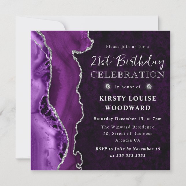 Invitation Parties scintillant violet et argent Agate 21e ann (Devant)