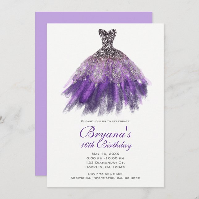 Invitation Parties scintillant violet et argent Glam Robe dou (Devant / Derrière)