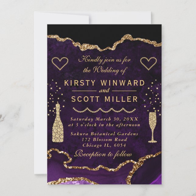 Invitation Parties scintillant violet et or Agate Marbre Mari (Devant)