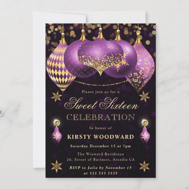 Invitation Parties scintillant violet et or Baubles Sweet six (Devant)