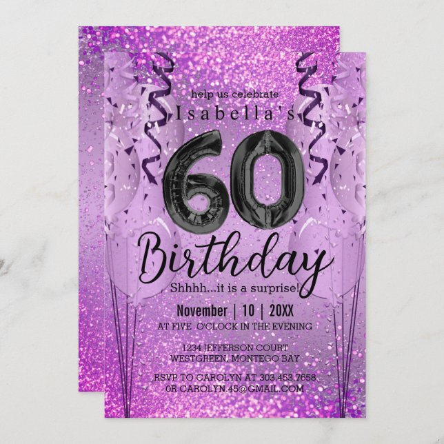 Invitation Parties scintillant violet et rose 60e anniversair (Devant / Derrière)