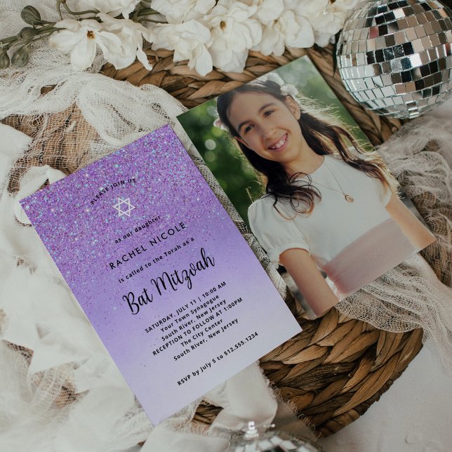 Invitation Parties scintillant violet glam Bat mitzvah | Reto (Créateur téléchargé)